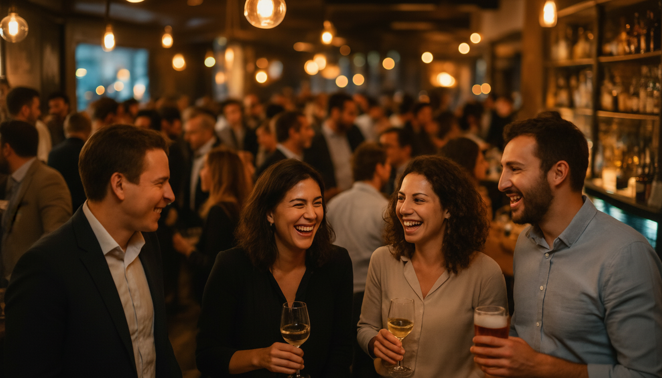 Groupe d'amis profitant d'un afterwork dans un bar parisien animé